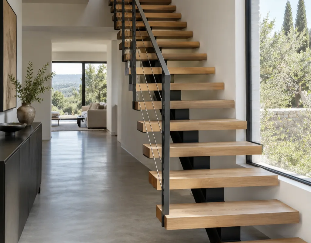 Scala con struttura in acciaio nero e gradini in legno